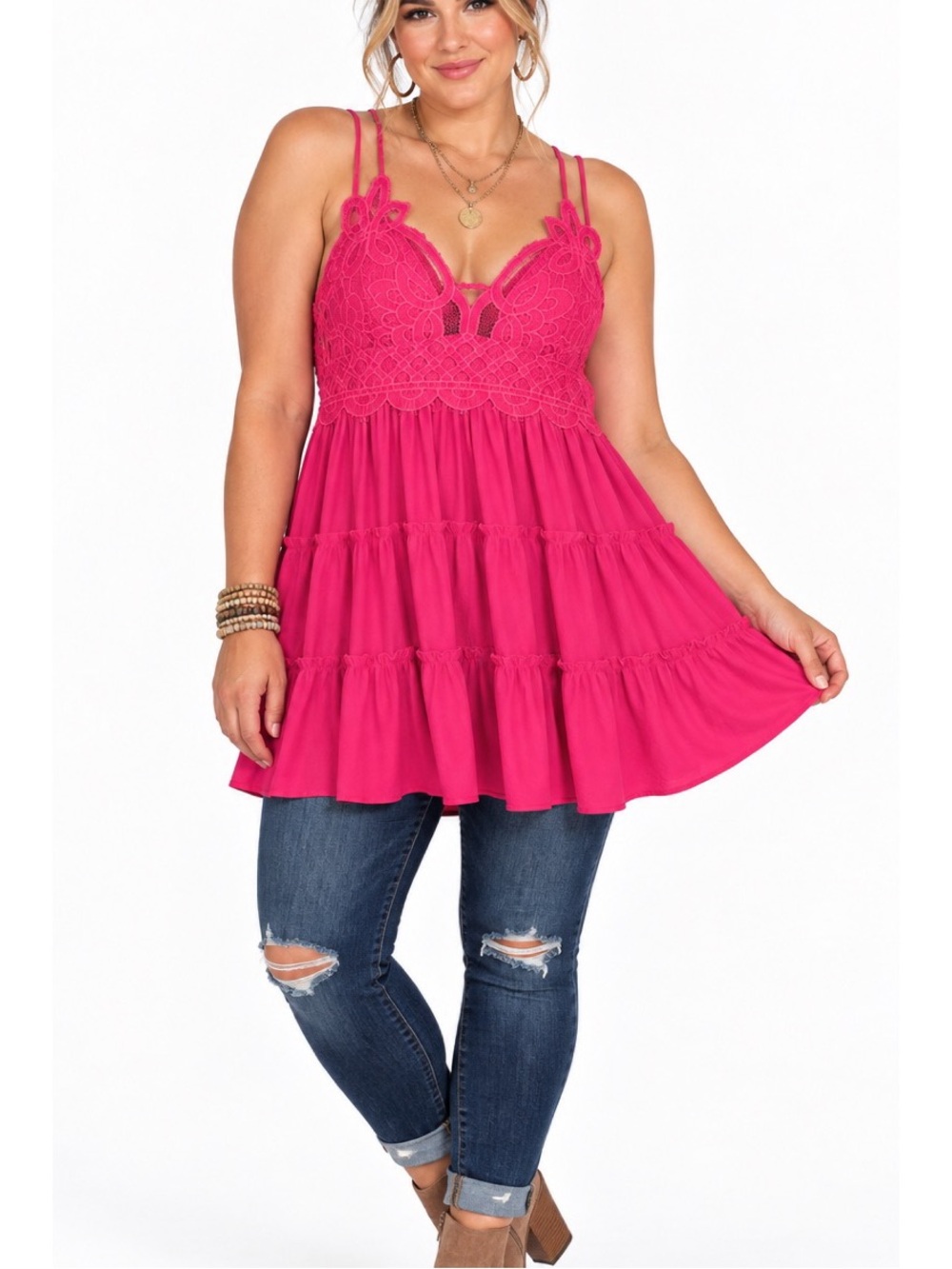 Zenana PLUS CROCHET LACE RUFFLE CAMI DRESS in Fuchsia
